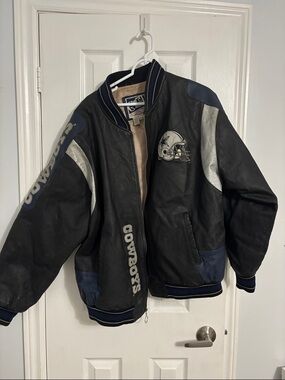 Dallas Cowboys Black Leather Bomber Jacket with Silver Accents